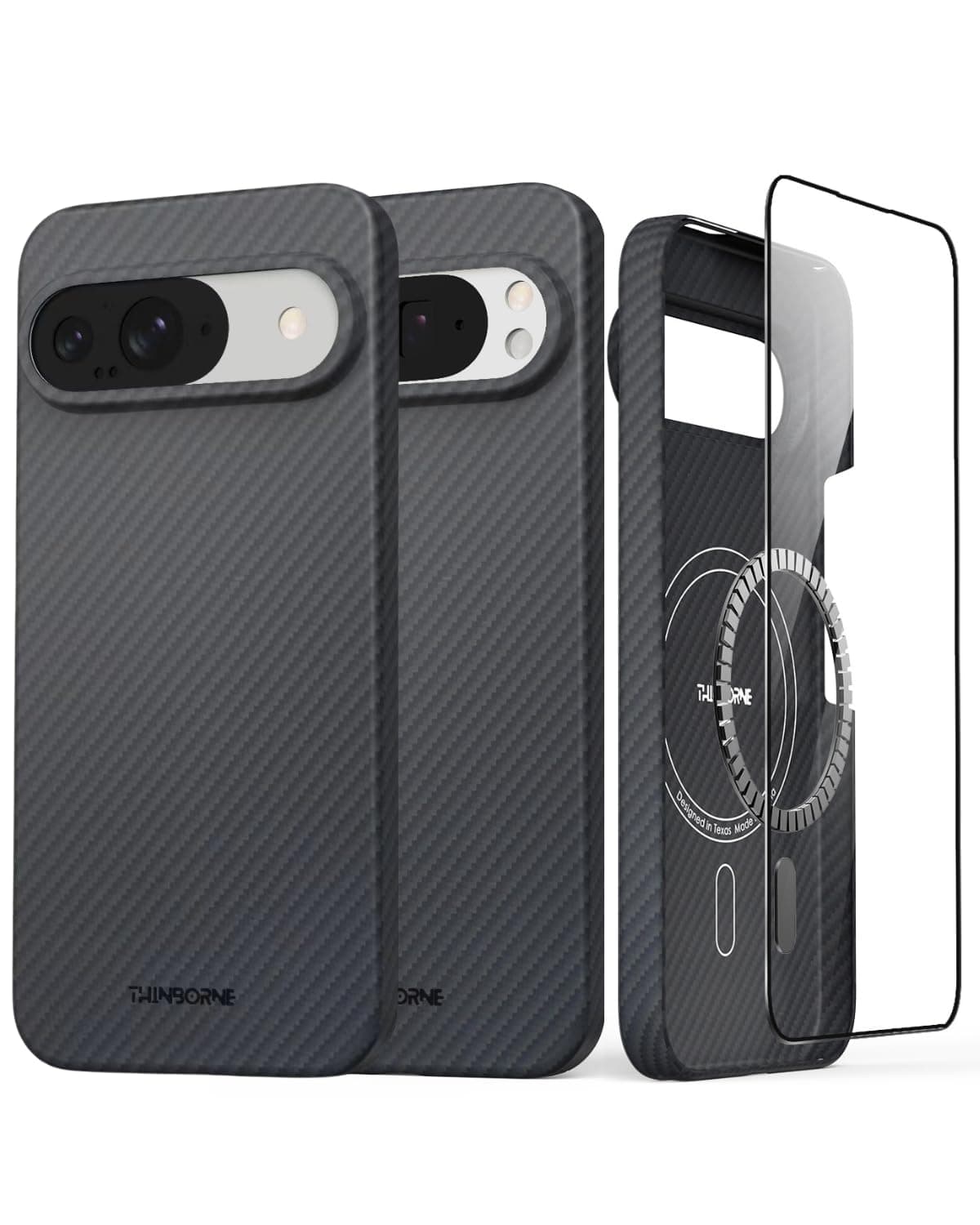 Thinborne Google Pixel 9 Pro and Pixel 9 Case, [600D Aramid Fiber] [Magnetic] [Ultra Thin] [Minimalist Style] [Carbon Fiber] - Black