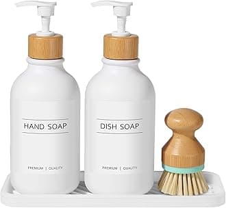 GMISUN Hand and Dish Soap Dispenser Set with Tray for Kitchen Sink, 500 ML Hand Wash Bottle for Bathroom with Bamboo Pump and Dish Brush, Farmhouse Lotion Washing Up Liquid Detergent Dispensers