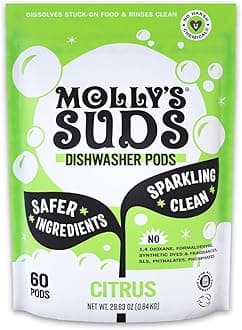 Molly's Suds Dishwasher Pods | Natural Dishwasher Detergent, Cuts Grease & Rinses Clean (Residue-Free) for Sparkling Dishes, Biodegradable Auto-Release Tabs (Citrus - 60 Count)