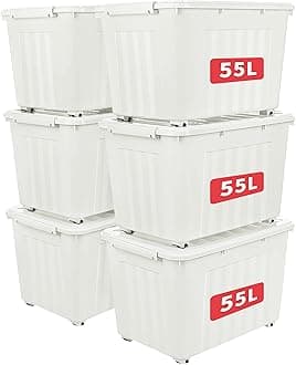 Cetomo 55L*6 Plastic Storage Box,White, Tote box,Organizing Container with Durable Lid and Secure Latching Buckles, Stackable and Nestable, 6Pack, with Buckle