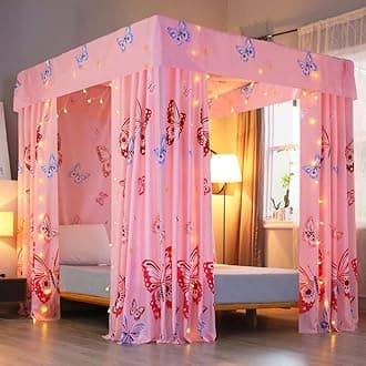 Mengersi Princess Canopy Bed Curtains Bed Drapes for Girls Adults Kids,Bedroom Decor (Queen, Pink Butterfly)