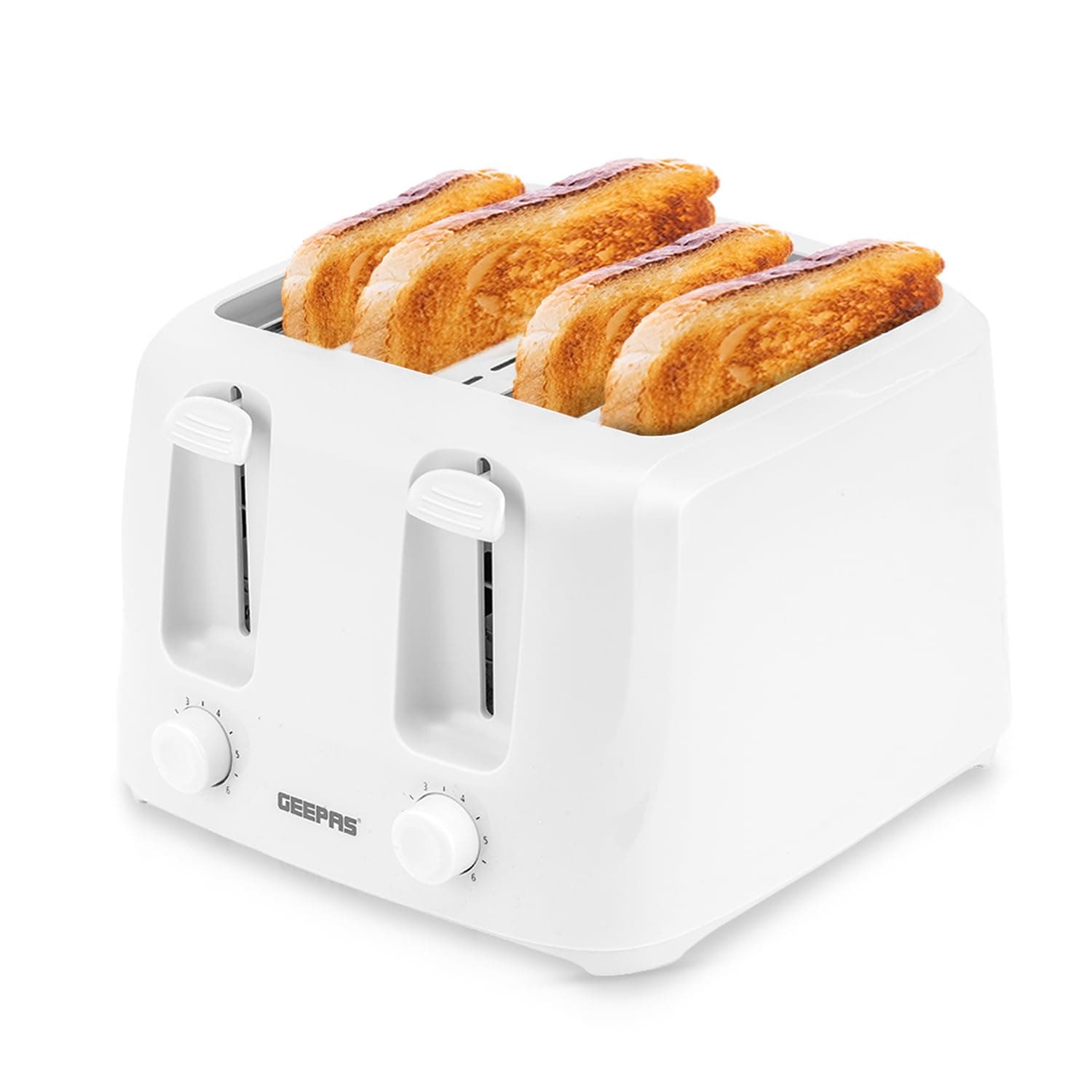 4 Slice Toaster | 6 Browning Levels with Cancel Function | For Thin Small Bread Slice | 2 Independent Controls 2 Removable Crumb Trays Cool Touch High Lift | 1 Yr Warranty 1400W White