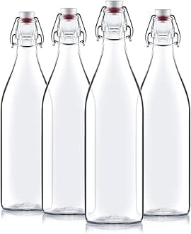 Paksh Novelty Set of 4 Giara Clear Glass Bottle With Stopper, 3.5 X 12-Inch 33 3/4 oz, Swing Top Bottle for Beverages Oil Vinegar