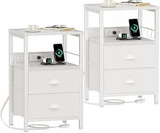 Furologee Nightstands Set of 2, Night Stands with Charging Station, Side Tables with 2 Fabric Drawers, End Tables with Storage Shelves, for Bedroom, White