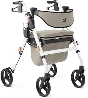 Medline Premium Empower Rollator Walker with Memory Foam Seat, Gray & White, 300 lb. Weight Capacity, 8” Wheels, Microban* Technology, Cupholder,Rolling Walker for Mobility Impairment