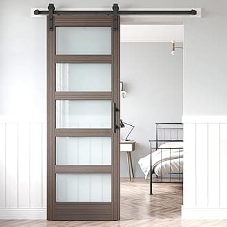 30 x 84インチ ガラススライドバーンドアスラブと5フィートのハードウェアキット付属 MDF木製パネル グレーの防水耐傷性PVC表面で覆われています 簡単なDIY組み立てが必要