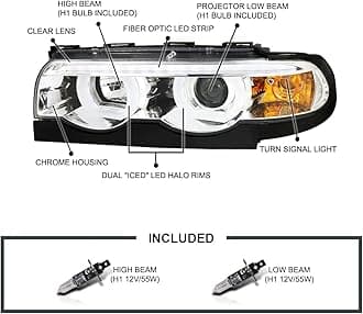Spec-D Tuning Euro Chrome Projector Headlights Dual Halo Led Compatible with BMW E38 7-Series 1995-2001 L+R Pair Head Light Lamp Assembly