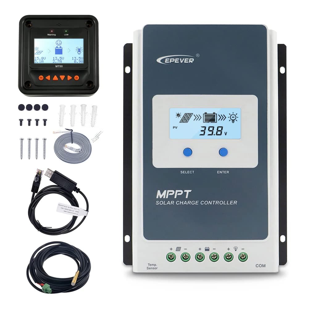 EPEVER10A Solar Charge Controller MPPT 12V / 24V Auto Max.PV 100V Input Negative Ground Solar Panel Charge Regulator with MT50 Remote Meter Temperature Sensor RTS & PC Communication Cable RS485