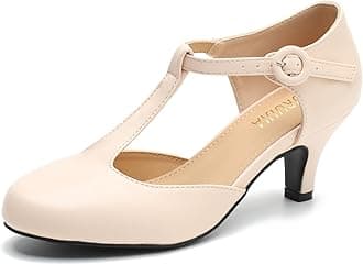 LIURUIJIA Women's T Strap Mary Jane Kitten Heels Pumps Vintage Low Heel Dress Shoes for Wedding Party Work Church Nude Matte 9