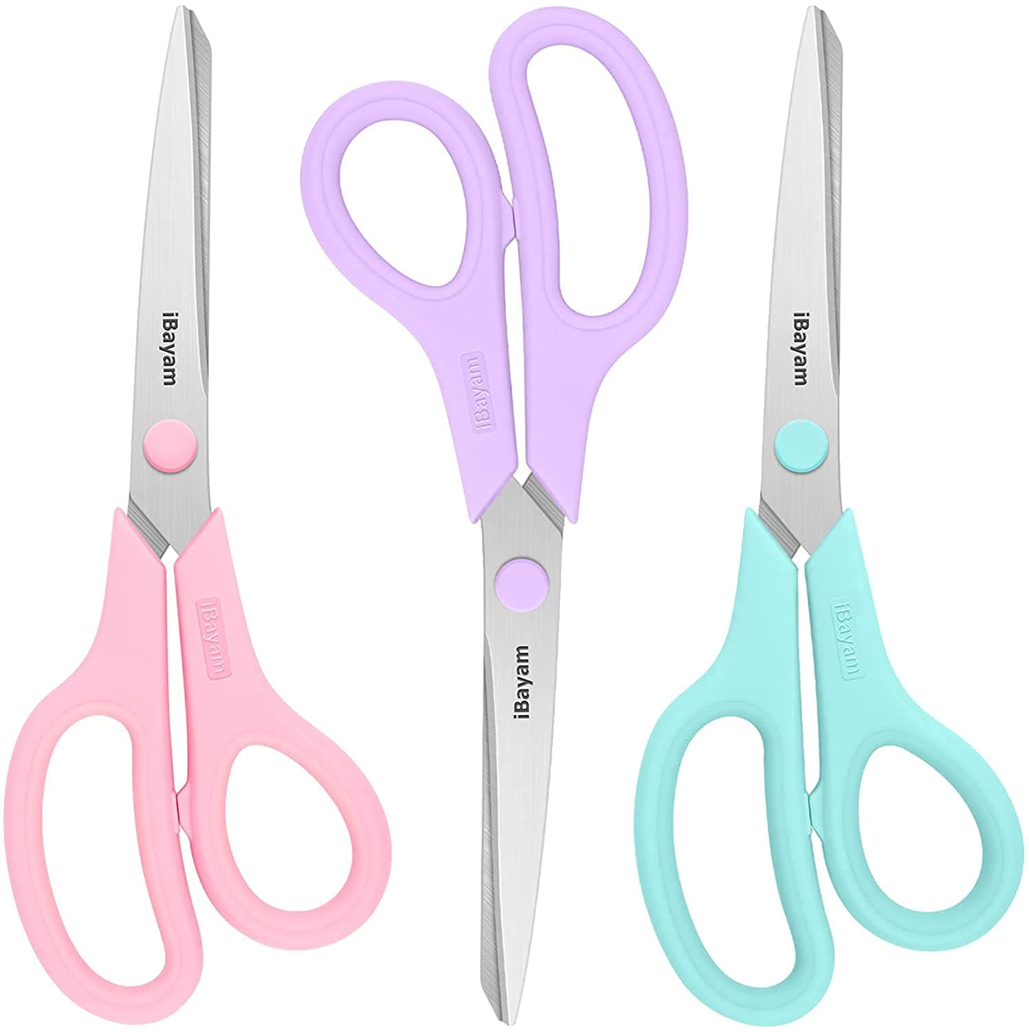 Scissors, iBayam 8" All Purpose Scissors Bulk 3-Pack, Ultra Sharp 2.5mm Thick Blade Shears Comfort-Grip for Aesthetic Fun Cute School Office Teacher Desk Crafts and Art Supplies Accessories Essential