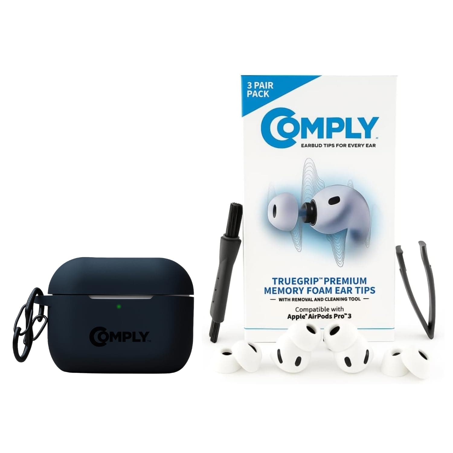 Silicone Protective Case Bundle with TrueGrip Premium Memory Foam Replacement Earbud Tips for Apple AirPods Pro Gen 3, White, S/M/L, 3 Pairs, Durable Protective Cover for Wireless Earbuds