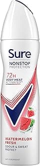 Sure Nonstop Protection Watermelon Fresh Anti-Perspirant Aerosol Women's Deodorant Spray with Body Heat Activated tech. and a watermelon & cactus scent for 72 hour odour and sweat protection 150 ml