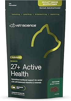 VetriScience Senior 27+ Active Health Chews, Nu Cat Daily Multivitamin for Senior Cats, Balanced Vitamins, Minerals and Antioxidants, Healthy Aging and Wellness Support, Fish, 30 Count