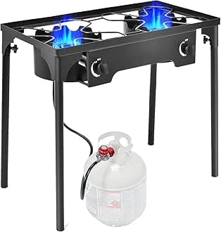 Goplus Outdoor Camping Stove, Dual Burner Propane Gas Cooker w/Detachable Legs & 0-20 PSI Regulator & CSA Approval for Camp Patio RV, Cast Iron, 150,000-BTU