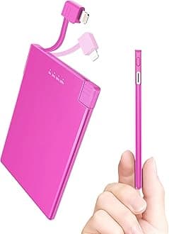 Thin Portable Charger with Built in Lightning Cable-Ultra Slim Credit Card Size for Pocket Wallet Power Bank Compatible with iPhone 14/13/12/11/X/8 (Not for iPhone 15 16 Series)