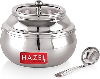 HAZEL Stainless Steel Ghee Pot with Spoon & See Through Lid | Oil Containers for Kitchen | Ghee Storage Container with Glossy Finish, 200 ML