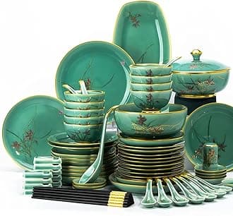 45PCS Ceramic Dinnerware Set Tableware Dishes Plates Ceramic Combination Dinner Service Set Porcelaine Service for 10, Dark Green Luxury Stoneware Tableware Set Beauty Comes
