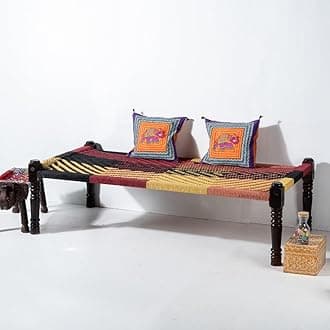 Solid Sheesham Wood Handmade Rajasthani Charpai | Cotton Rope Khatiya Charpai Single Bed Without Storage | Wooden Cot Bed | Khatiya-Khaat | 6X3 Feet | Colorful 011 (Black-Multi)