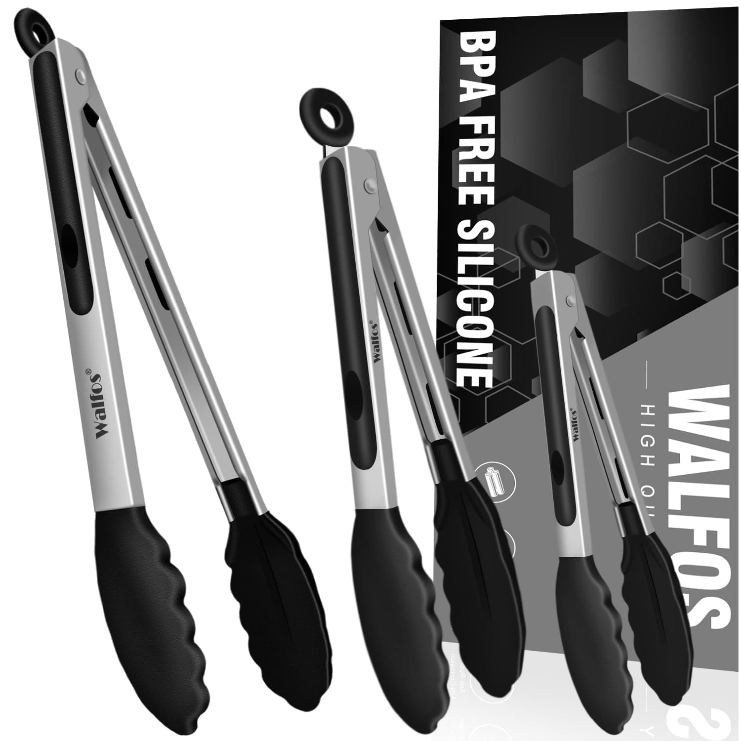 Walfos Kitchen Tongs - Heat Resistant Cooking Tongs Set of 3, Stainless Steel and BPA Free Silicone Tips, Great for Cooking, Grilling, Turning, 7" 9" and 12" (3 black silicone tongs)
