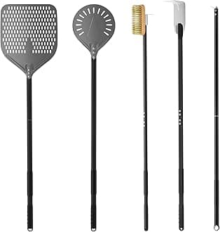 G.a HOMEFAVOR 5-Piece Pizza Tool Set - 12"×15" Perforated Aluminum Pizza Peel, 9" Round Turning Peel, Pizza Oven Cleaning Brush, Ash Rake, Pizza Fork, Pizza Oven Accessories, Pizza Kit for Pizza Lover