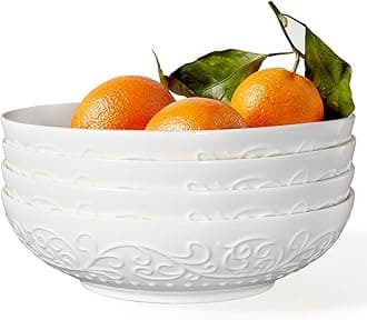 Artena Pasta Bowls 32oz, Ceramic Large Salad Bowls 8 inch, White Embossed Soup Bowl Set of 4 for Serving, Entertaining, Dinner Spaghetti, Wide Shallow, Microwave Dishwasher Oven Safe