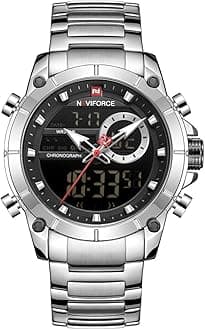 NAVIFORCE Luxury Stainless Steel Analog Digital Watch Waterproof Sports Quartz Multifunctional Wristwatch with Stopwatch Alarm LED Backlight
