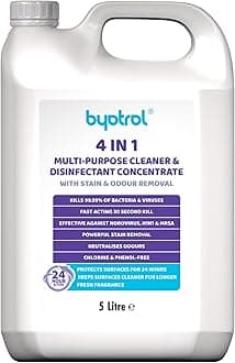 Byotrol 4-in-1 Multi-Purpose Cleaner & Disinfectant Concentrate with Stain and Odour Removal | 24 hour protection | Works in Seconds, Protects for Hours | 5L Concentrate Bottle