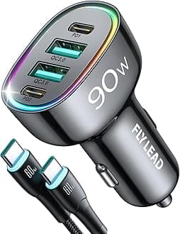 Fast Car Charger FLYLEAD 90W 4 Ports Car Charger [A Must for Family Travel] Super Fast USB C Charge Adapter for iPhone 17/16/15 Pro Max Plus