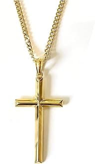 - 24K Gold Chain Style Cross Pendant Necklace Strong Clasp for MEN 24ct 3MM Thin for Charms Miami Cuban Link Diamond Cut Religious Beveled Edge