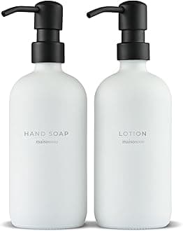 – Glass Hand Soap Dispenser Bathroom Countertop Set - 500 ml White Soap and Lotion Dispenser Set with Black Pump x 2, Waterproof Labels