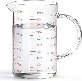 Luvan Glass Measuring Jug (1L, 4 Cup) for Kitchen or Restaurant, High Borosilica Material,Easy to Read