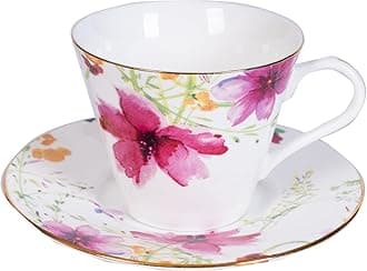 Vintage Floral Porcelain Tea Cup and Saucer Set with Gold Trim, Spoon, Espresso, Coffee, Gift Boxes (1, Plum blossom)