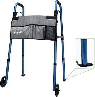 Folding Medical Walker 5'' Front Wheel Lightweight Walker with Storage Bag and Skis Glides Height Adjustable Aluminum Compact Standard Walker for Seniors Handicap （Blue）