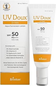 Brinton UV Doux D-Tan Aqua Sunscreen Lotion | SPF 50 PA++++ | 8-Hour Hydration, D-Tan Formula with Niacinamide & Vitamin C, 50 ml (Pack of 1)