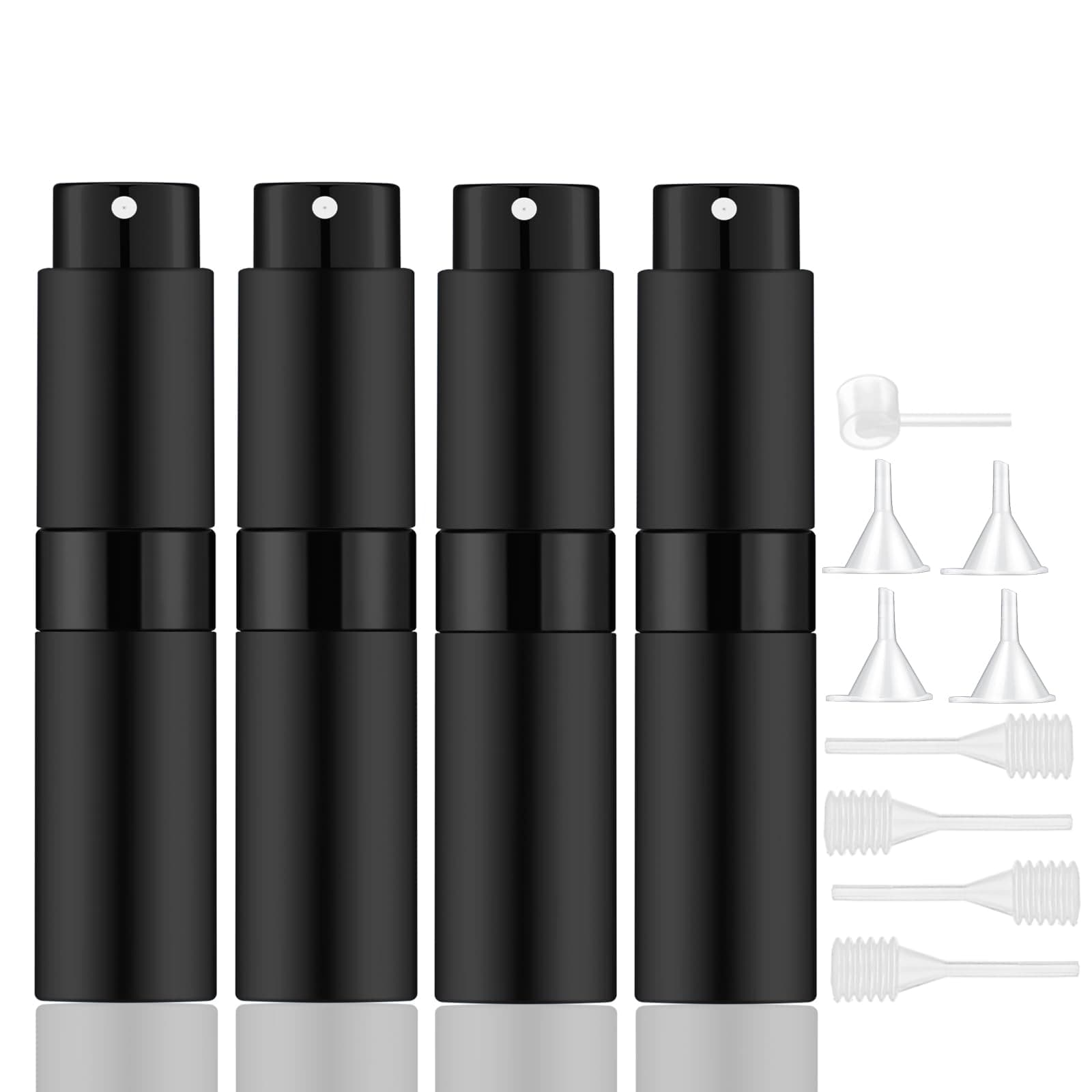 Lil Ray 8ml Portable Mini Perfume Atomizer(4 PCS)，Refilable Empty Small Spray Bottle for Travel, Twist Type Pocket Cologne Sprayer (Matte Black)