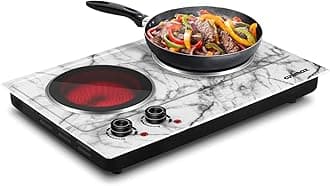 Hot Plate, 1800W Double Burner Electric Hot Plate for Cooking, Dual Control Portable Infrared Stove Countertop Cooktop, Heat-up in Seconds, Stainless Steel White Marble