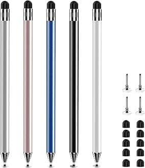Stylus with 10 Rubber Nibs & 4 Clear Tips, 2-in-1 Stylus Pen for Touch Screen(5 Pcs), High Precision Sensitive for Drawing & Writing on iPhone/iPad/Android Tablets (Black/White/Blue/Rose Gold/Silver)