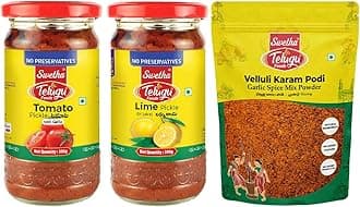 Swetha Telugu Foods Combo of Tomato Pickle 300g, Lemon pickle 300g, Garlic Spice Mix Powder 100g