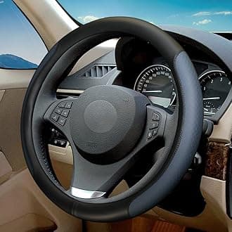 Steering Wheel Cover, Microfiber Leather Splicing with Classic Embossing,Contrasting Colors Anti-Slip Breathable Auto Car Steering Wheel Cover Fit 15 Inch Car Wheel Protector (Black&Blue)