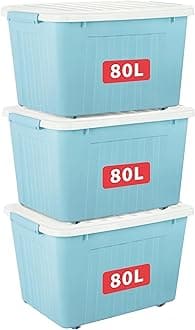 Cetomo 80L*3 Storage Boxes with Wheels, Plastic Storage Box with Lid, Latching Buckles, Click Closure, Stackable, Nesting, Durable Organizer for Home Office Clothes, Blue, 80L-3 Pack