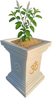 NEER Big Tulsi Vrindavan Pot | 20×15 Inch Lightweight Polymer Plastic | Greystone Marble Look | Embossed Om & Swastik | Crack-Resistant, Weather-Proof | Temple Design Indoor Outdoor Tulasi Planter