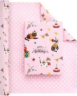 Cat Wrapping Paper Roll - 1 Roll 17”x 33 ft Happy Birthday Wrapping Paper Pink Cat Birthday Gift Wrap for Kids Girls Adults Kitten Party Baby Shower Decoration Reversible Polka Dot Design