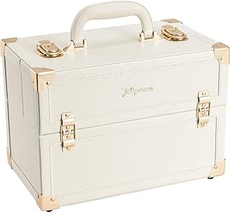 Joligrace Makeup Train Case Large Portable Cosmetic Makeup Storage Box Organizer Lockable with 4 Tray Compartments Retro Champagne Beige Vegan Leather, champagne gold, Makeup Case With 4 Tray