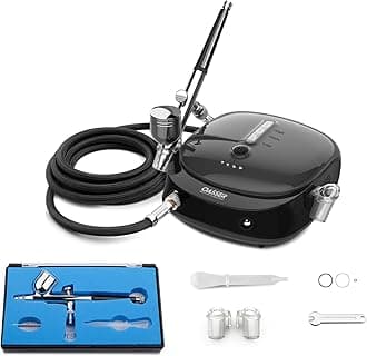 Oasser AK1 Airbrush Set, Mini Compressor, Rechargeable, Works with 1,000 mAh Batteries and AC Power Adapter, Double Action, Gravity Type, 2-15 psi, Three Stage Pressure Adjustment, Plastic Model