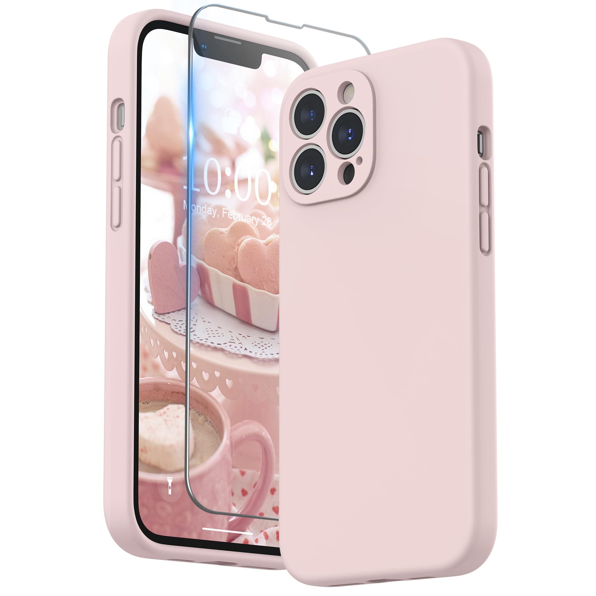 Compatible with iPhone 13 Pro Max Case with Screen Protector, (Camera Protection + Soft Microfiber Lining) Liquid Silicone Phone Case 6.7 inch 2021, Pink Sand