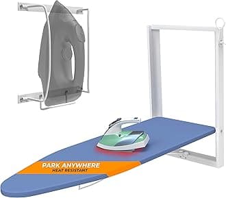 Xabitat Wall Mounted Ironing Board with Iron Holder, 36.2" X 12.2" Compact Mount Fold Down Iron Board for Small Spaces, Space Saving with Cotton Fabric Cover, White and Blue
