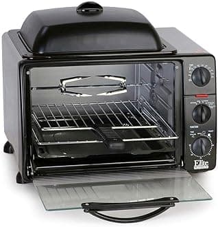 Elite Gourmet ERO-2008S Elite Cuisine 6-Slice Toaster Oven with Rotisserie and Grill/Griddle Top Black 23L capacity fits a 12” pizza, 6-Slice