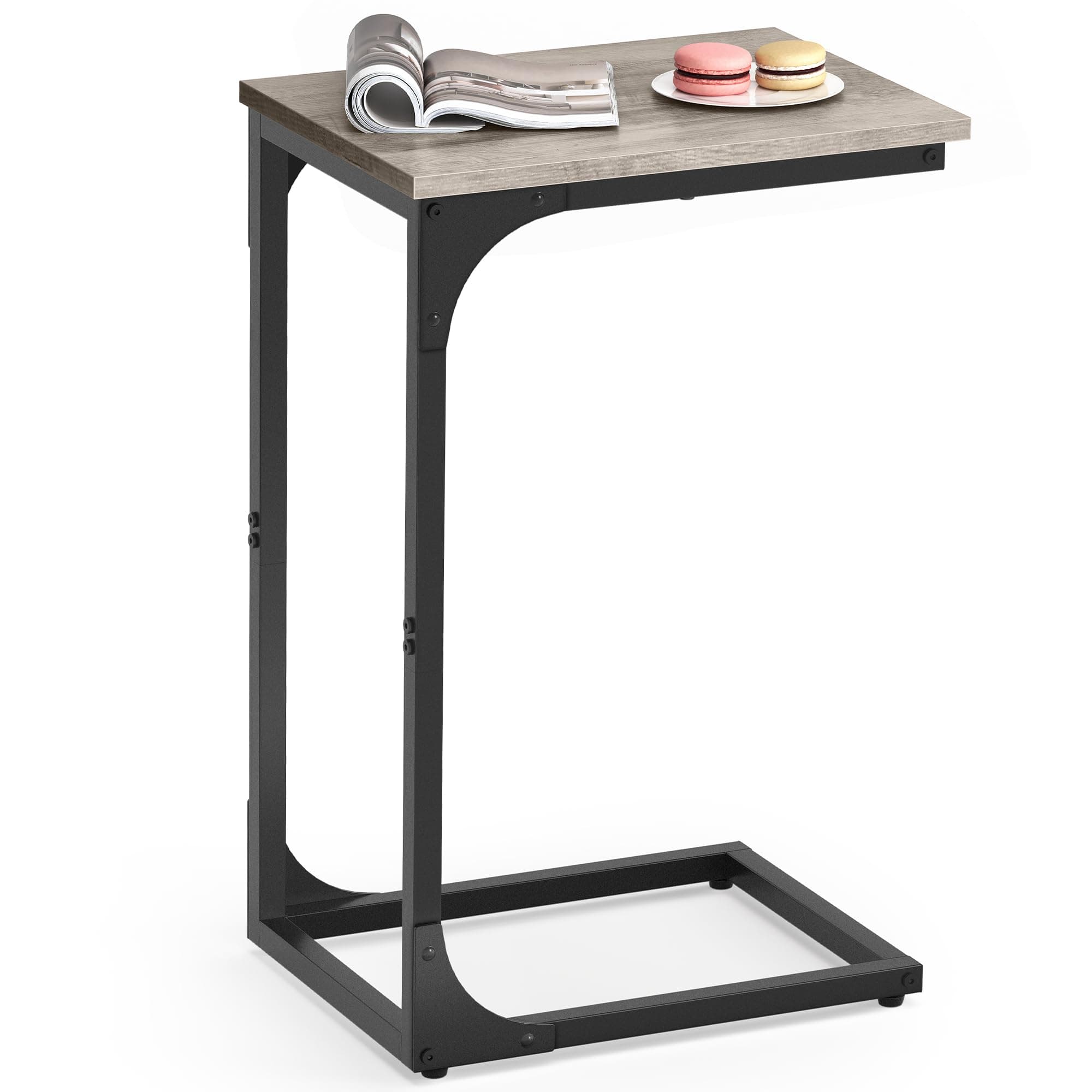 VASAGLE Slim End Table, Sofa Side Table, C-Shaped Laptop Table, Snack Table with Metal Frame, Industrial, for Living Room, Bedroom, Greige and Black ULET350B02