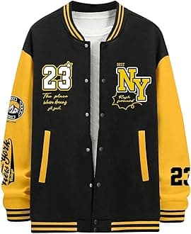 SOLY HUX Men's Graphic Varsity Jacket Color Block Letter Print Long Sleeve Oversized Baseball Jacket Black Letter Medium