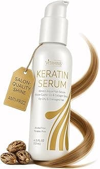 Keratin Hair Serum Oil for Frizzy, Dry, Damaged Hair - Anti-Frizz Shine Gloss Treatment, Heat Protectant with Biotin, Castor Oil and Collagen - 4.25 fl oz